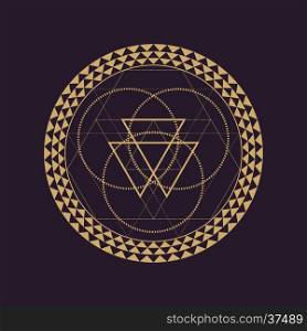 vector gold monochrome design abstract mandala sacred geometry illustration triangle circles isolated dark brown background &#xA;