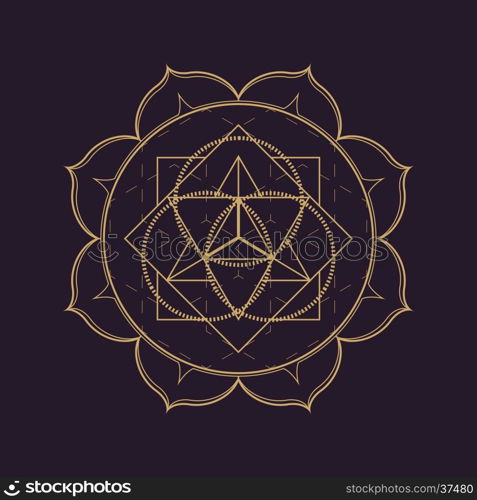vector gold monochrome design abstract mandala sacred geometry illustration triangle circles Merkaba lotus isolated dark brown background &#xA;