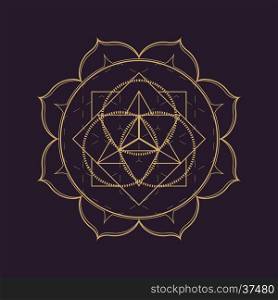 vector gold monochrome design abstract mandala sacred geometry illustration triangle circles Merkaba lotus isolated dark brown background &#xA;