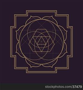 vector gold monochrome design abstract mandala sacred geometry illustration triangle hexagons lotus isolated dark brown background &#xA;