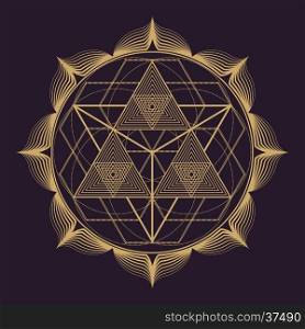 vector gold monochrome design abstract mandala sacred geometry illustration triangles lotus isolated dark brown background &#xA;