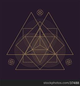 vector gold monochrome design abstract mandala sacred geometry illustration triangles Merkaba Seed of life signs isolated dark brown background &#xA;