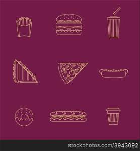 vector gold monochrome outline various fast food french fries hamburger cheeseburger hot dog coffee cup pizza cola soda club sandwich baguette donut icons set purple background&#xA;