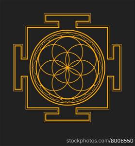 vector gold orange outline hinduism seed of life yantra illustration circles diagram isolated on dark background&#xA;
