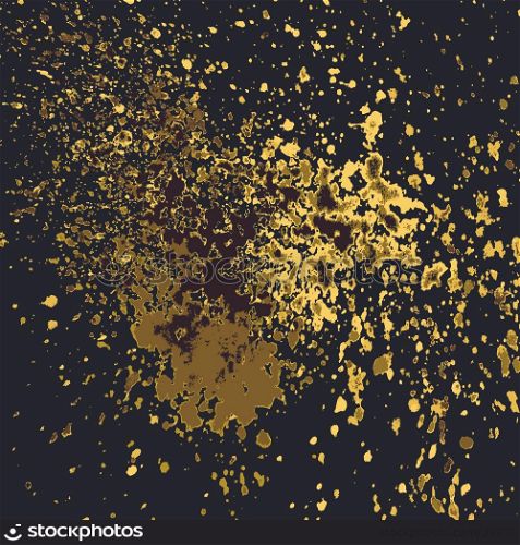 Vector gold paint splash, splatter, and blob shiny on black background. Glowing spray stains abstract background, vector illustration.