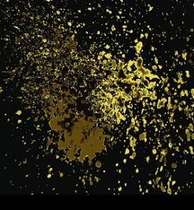 Vector gold paint splash, splatter, and blob shiny on black background. Glowing spray stains abstract background, vector illustration.