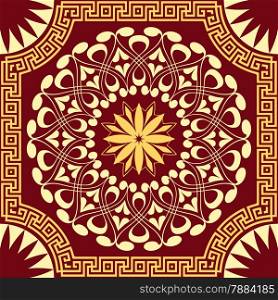 vector gold pattern of spirals, swirls and chains on a red background