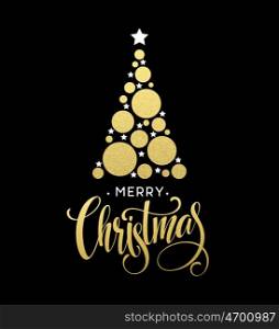Vector golden Christmas tree illustration made with glittering circle and star. Merry Christmas Lettering. Vector golden Christmas tree illustration made with glittering circle and star. Merry Christmas Lettering EPS10