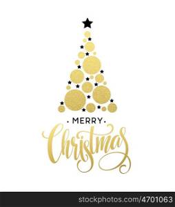 Vector golden Christmas tree illustration made with glittering circle and star. Merry Christmas Lettering. Vector golden Christmas tree illustration made with glittering circle and star. Merry Christmas Lettering EPS10