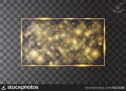 Vector golden frame with lights effects. Shining rectangle banner. Isolated on black transparent background. Vector illustration.. Vector golden frame with lights effects. Shining rectangle banner. Isolated on black transparent background. Vector illustration