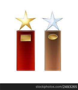 Vector golden, glass star trophies with big red, brown base and golden signboards for copyspace front view isolated on white background. Set of star trophies