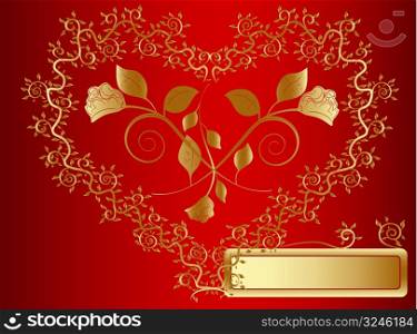 vector golden heart with copy space at red background