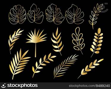 Vector golden leaves set. Collection of branch and leaf isolated on black background. Botanical gold garden element.