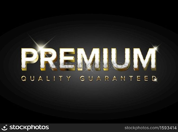 Vector golden premium quality tag made of big golden white letters on dark background