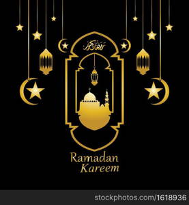 Vector - Golden silhouette of mosque and hanging lanterns on black background, Ramadan Kareem, greeting card