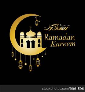 Vector - Golden silhouette of mosque and hanging lanterns on black background, Ramadan Kareem, greeting card