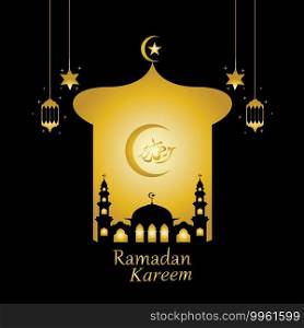 Vector - Golden silhouette of mosque and hanging lanterns on black background, Ramadan Kareem, greeting card