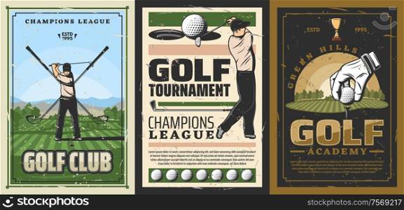 Vector golf course, golfer in uniform doing swing on fileld, club-and-ball sport. Golf sport club and academy, retro poster. Player on course, crossed sticks, hand in glove put ball on grass. Golf course, player stick, golfing tournament