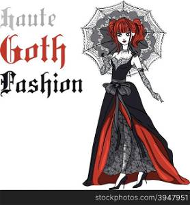 Vector Goth girl in black dress with umbrella. Vector Beautiful Goth girl with scarlet hair dressed in the style of High Gothic fashion in black dress with black umbrella. T-shirt Graphics. Girl print.