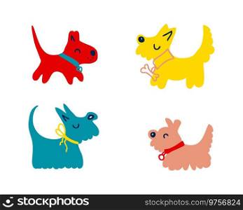 Vector graphic clipart with doodle silhouettes dogs in collars. Hand drawn cartoon animals collection. Perfect for tee, poster, card, sticker.