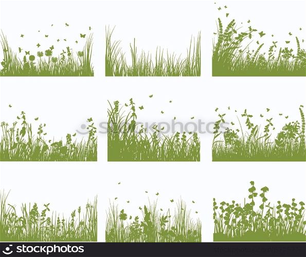 Vector grass silhouette background set. All objects are separated.