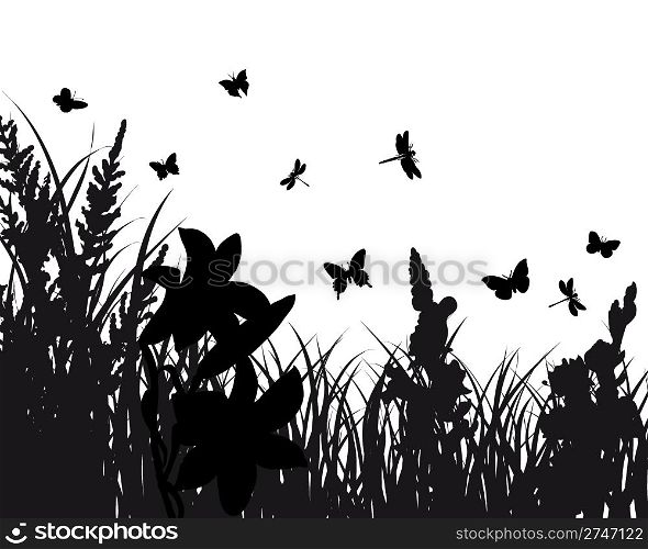 Vector grass silhouettes backgrounds with butterflies