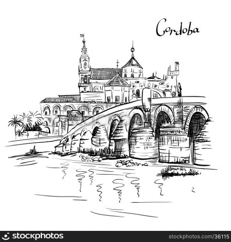 Vector Great Mosque Mezquita - Catedral de Cordoba and Roman bridge across Guadalquivir river, Cordoba, Andalusia, Spain