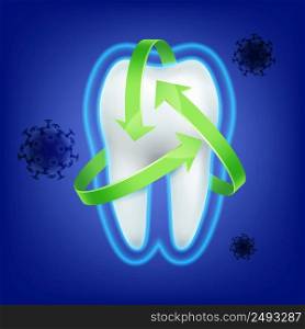 Vector green arrow protection around tooth against bacteria attect on blue background. Tooth protection consept
