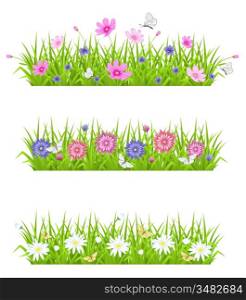 Vector green background with grass and flowers