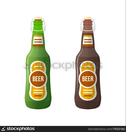 vector green brown color flat design light lager dark stout beer bottles lightning stopper isolated illustration on white background&#xA;