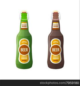 vector green brown color flat design light lager dark stout beer bottles lightning stopper isolated illustration on white background&#xA;