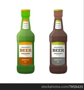 vector green brown color flat design light lager dark stout beer bottles isolated illustration on white background&#xA;