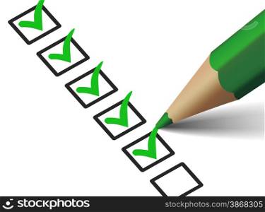 Vector green check mark symbol and icon on checklist with pen for business design concept and web graphic, EPS 10 illustration on white background.