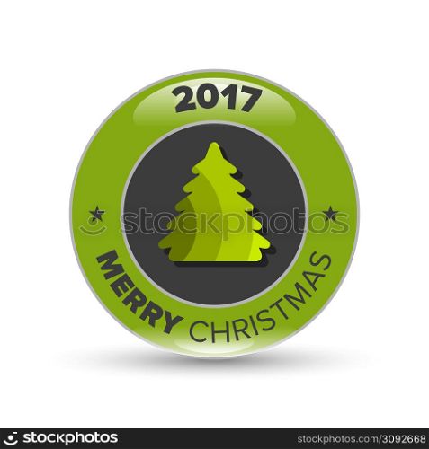 Vector green christmas tree badge with shadow on white background. Vector christmas tree badge