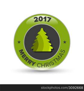 Vector green christmas tree badge with shadow on white background. Vector christmas tree badge