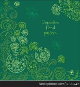 vector green dandelion floral pattern of spirals, swirls, doodles