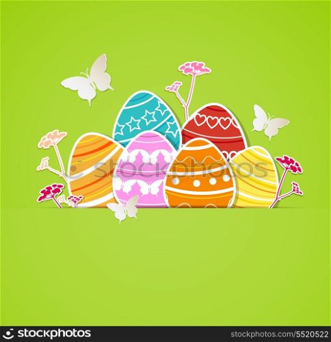 Vector green Easter background with eggs and butterflies