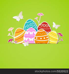 Vector green Easter background with eggs and butterflies