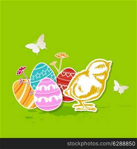 Vector green Easter background with eggs and chicken