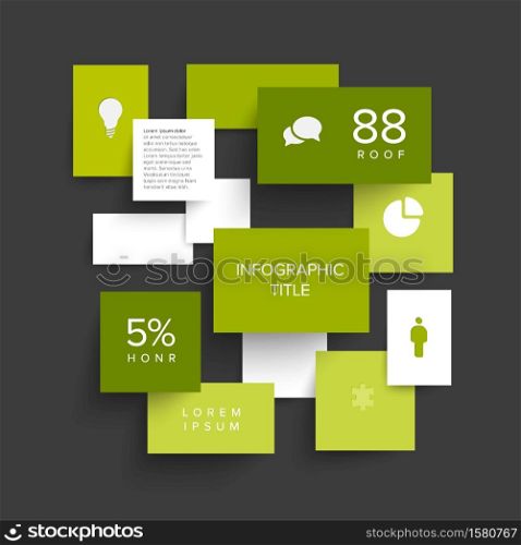 Vector green flat design infographic made from content blocks with shadow, data and icons
