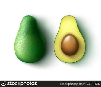 Vector green fresh whole and half cut avocado top view isolated on white background. Whole and half cut avocado