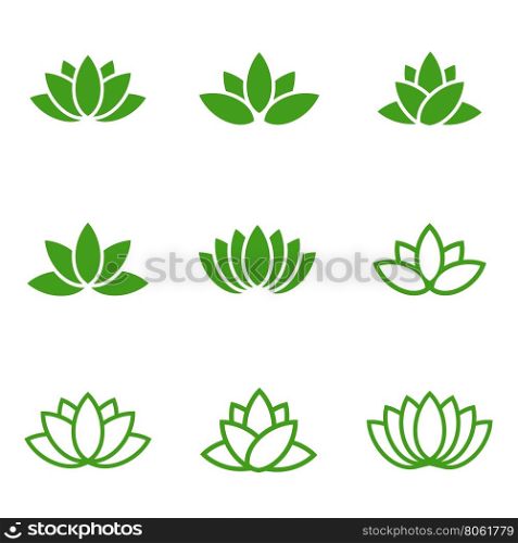 Vector green lotus icons set on white background. . Vector green lotus icons set on white background. Lotus plant. Lotus flower