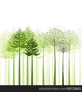 Vector green mixed forest, landscape of trees