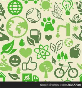 Vector green seamless pattern with ecology signs and symbols