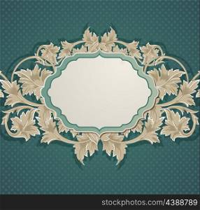 Vector green vintage background with label and floral ornament