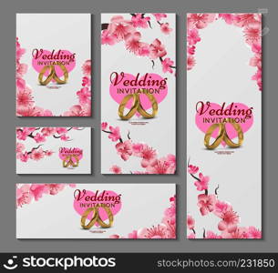 Vector greeting and wedding invitation cards with japanese sakura, cherry blossom flowers. Invitation wedding with cherry flower, illustration of spring sakura flower. Vector greeting and wedding invitation cards with japanese sakura, cherry blossom flowers