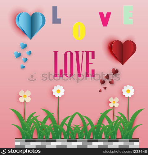Vector Greeting card of love and Valentine&rsquo;s Day. Heart shape flowers on the grass ,paper art style.