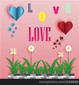 Vector Greeting card of love and Valentine&rsquo;s Day. Heart shape flowers on the grass ,paper art style.