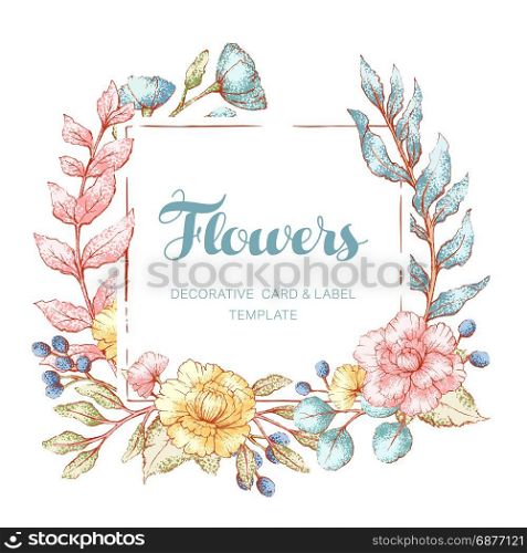 Vector greeting card with gentle flowers frame. Best for birthday, holiday, poster, flyer, brochure, invitation, wedding and save the date, blog and web design template. Isolated white backdrop