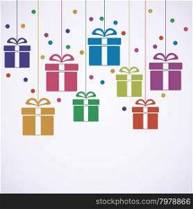 vector greeting card with hanging gift boxes